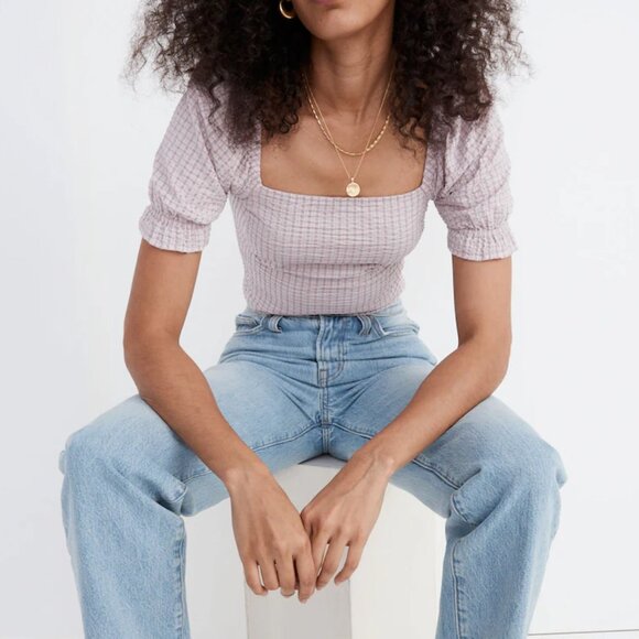 NWT Madewell Seersucker Hopewell Puff-Sleeve Crop Top in Plaid - Picture 2 of 6